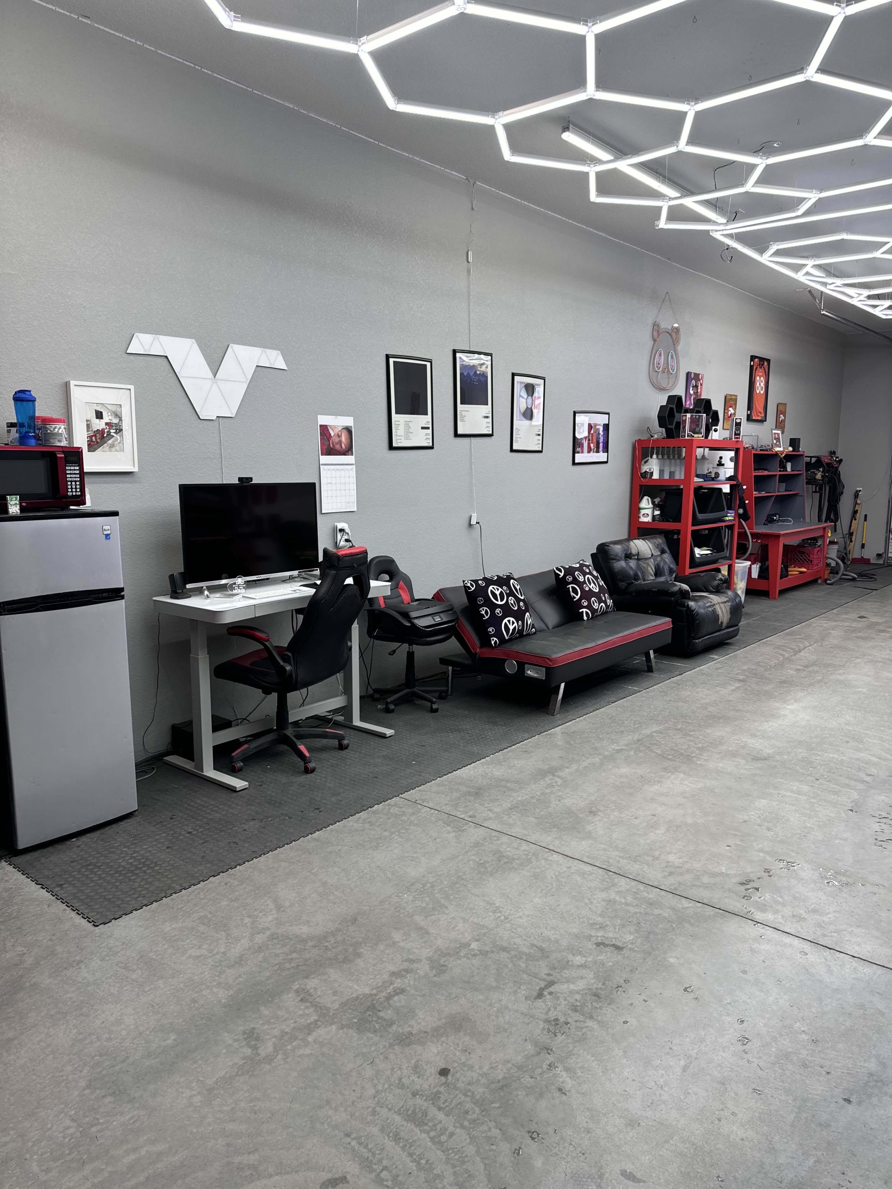 Professional workspace lounge with hexagon ceiling lights